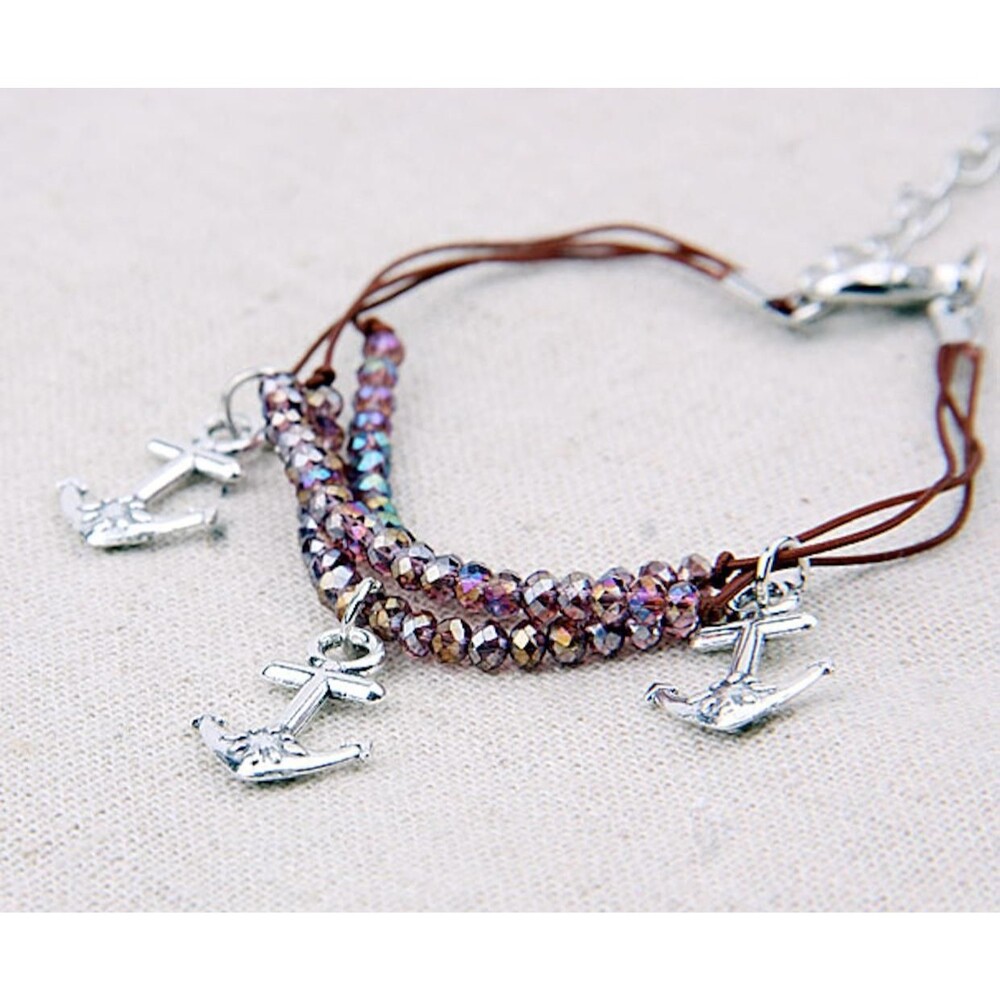 Beaded Boat Anchor Rope Charm Bracelet Anklet 7-9" Nautical Island Silver Tone